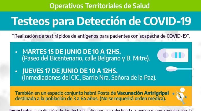 MARTES Y JUEVES SE REALIZARÁN OPERATIVOS DE TESTEOS PARA DETECCIÓN DE COVID-19