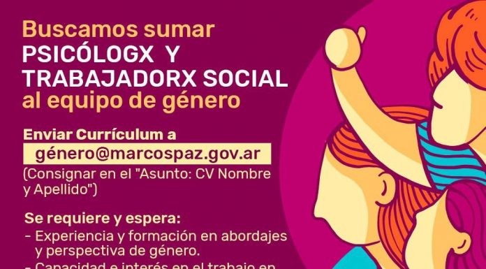 EL EQUIPO DE GÉNERO MUNICIPAL ABRIÓ UNA BÚSQUEDA DE PROFESIONALES DE PSICOLOGÍA Y TRABAJO SOCIAL