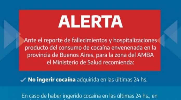 ENVENENAMIENTOS POR COCAINA ADULTERADA: EL MINISTERIO DE SALUD DE PBA DIFUNDIÓ UN ALERTA